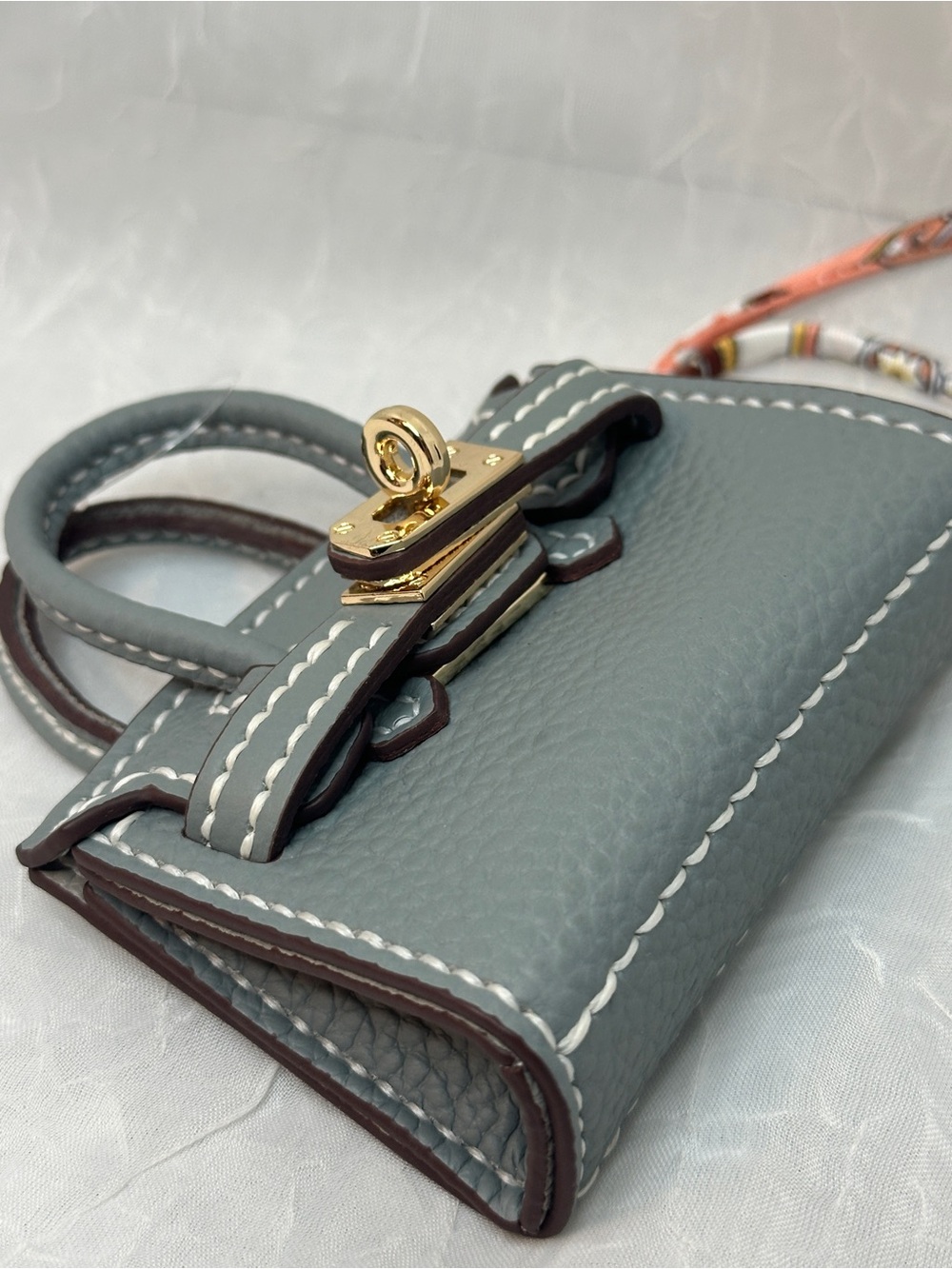 Luxury -Style Blue-Gray Mini Satchel Charm with Gold Hardware - Picture 2 of 7